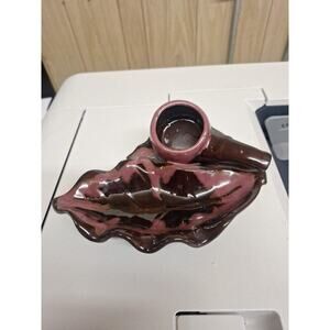 Vintage Ceramic Pipe and Leaf Shaped Ashtray Brown Glaze